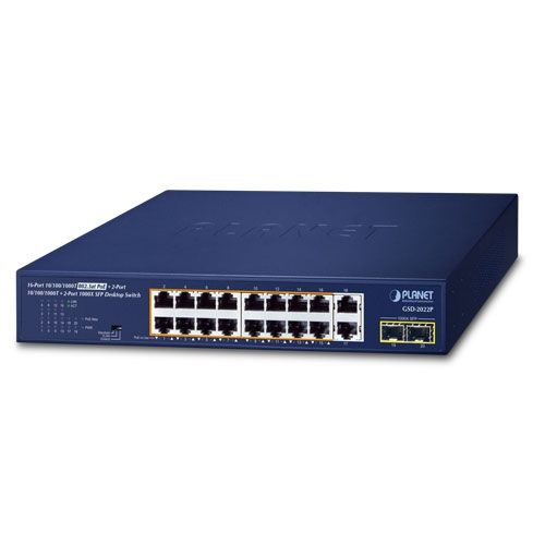 Planet PLANET 16-Port 10/100/1000T 802.3at Fara management Gigabit Ethernet (10/100/1000) Power over Ethernet (PoE) Suport Albastru