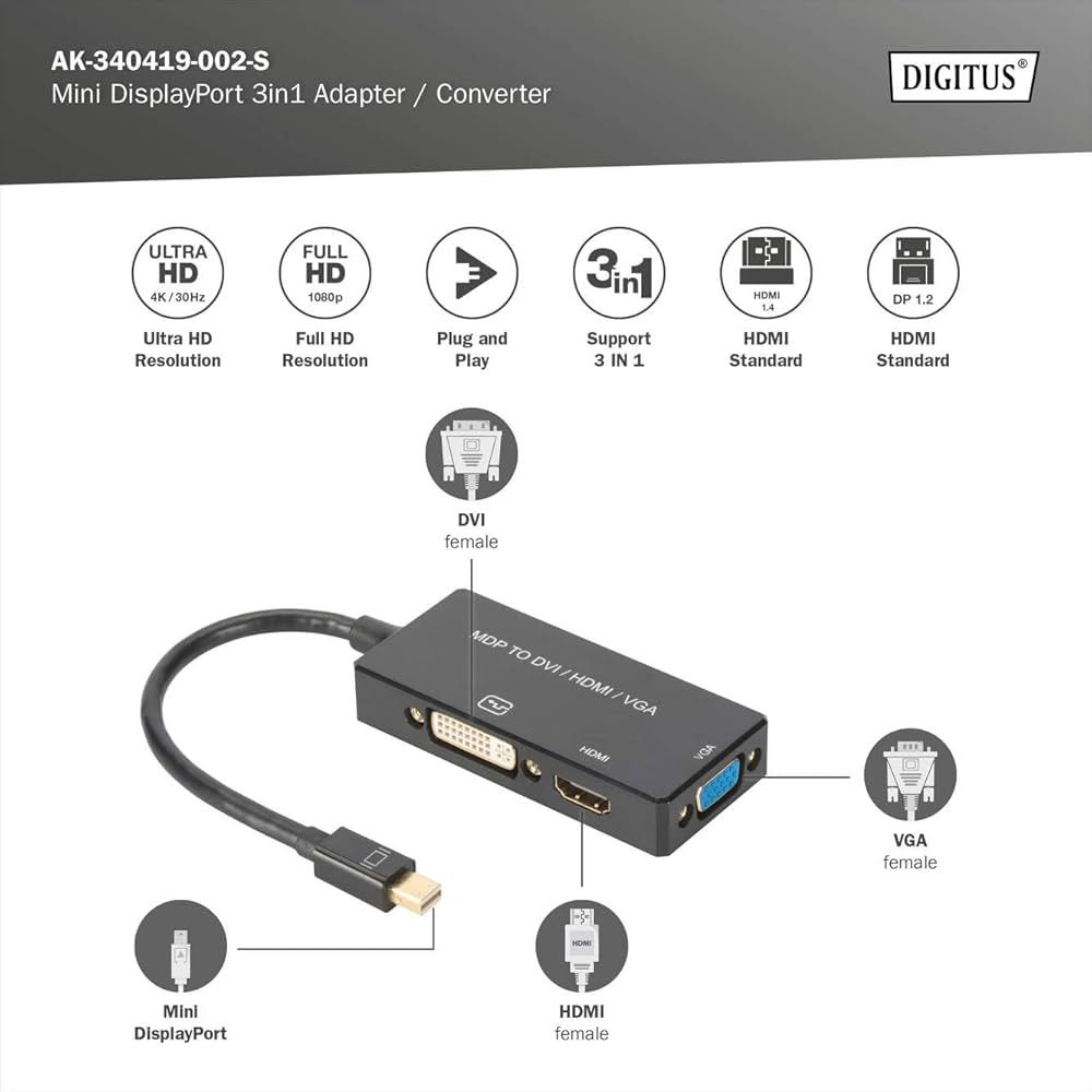 Digitus AK-340419-002-S adaptor pentru cabluri video 0,2 m Mini DisplayPort DVI-D Negru
