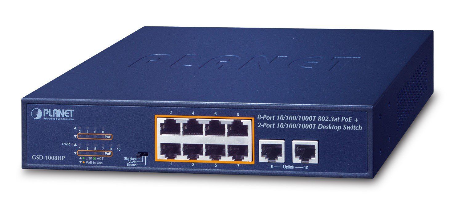 Planet PLANET GSD-1008HP switch-uri Fara management Gigabit Ethernet (10/100/1000) Power over Ethernet (PoE) Suport 1U Albastru