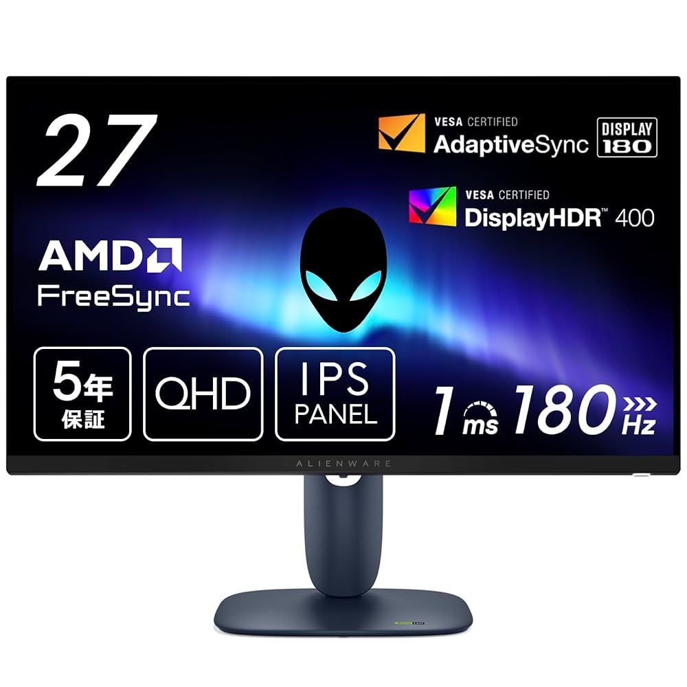 Dell Alienware 27 Gaming Monitor - AW2725DM 27  WQHD 2560x1440 180Hz, 95% DCI-P3 (CIE 1976), 109 PPI, 16:9, 400cd/m2, IPS, 1000:1, 178/178, 1ms/2ms/4ms, DP, HDMI, USB, Height, Swivel, Tilt, Pivot