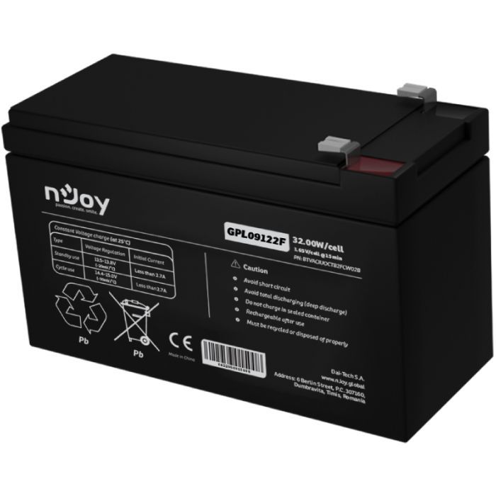 Acumulator nJoy GPL09122F 12V 30.55W/cell, Capacitate 32.00W/cell evaluat la 10V15 min, Tensiune 12V, Tip VRLA - fara mentenanta, Caracteristici: Sigilata complet si fara intretinere, Pana la 500 de cicluri la 100% DOD, Utilizare standard 9 ani, Auto-descarcare limitata, Conectori : F2 terminal -