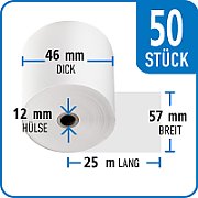 Receipt Rolls, Heipa, Thermal Paper, 57 mm, 46 mm, 12.7 mm, White