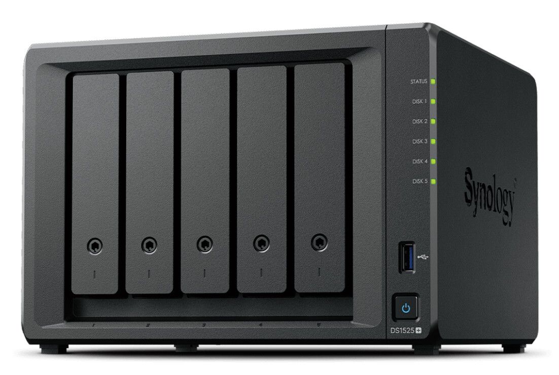 DiskStation DS1525+, 5-Bay, AMD Ryzen V1500B 2.2GHz, 8GB DDR4 ECC, max 32GB, SATA & M.2 NVMe, 2x2.5GbE, USB 3.2, PCIe, max 108TB, RAID, Hot Swap, Negru