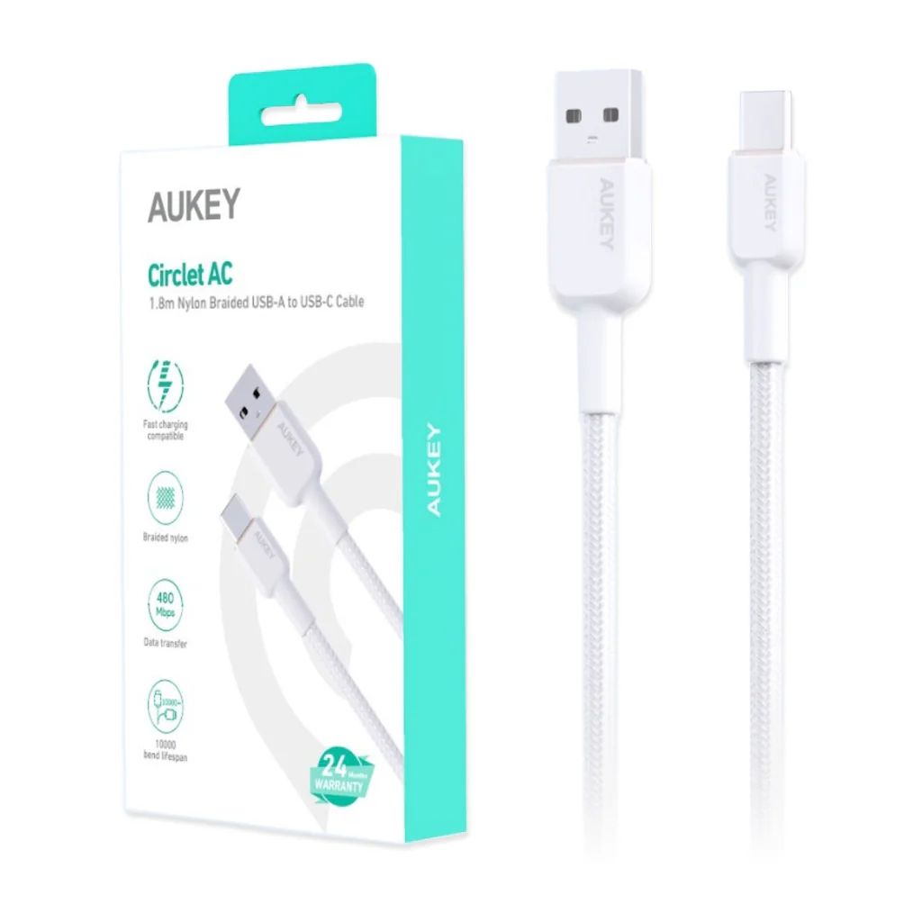 Cablu alimentare si date Aukey, USB Type-C (T) la USB Type-A (T), 1.8m, 480 Mbps, 60W, braided, alb,  LLTSN1041441  (timbru verde 0.08 lei) -689323785896