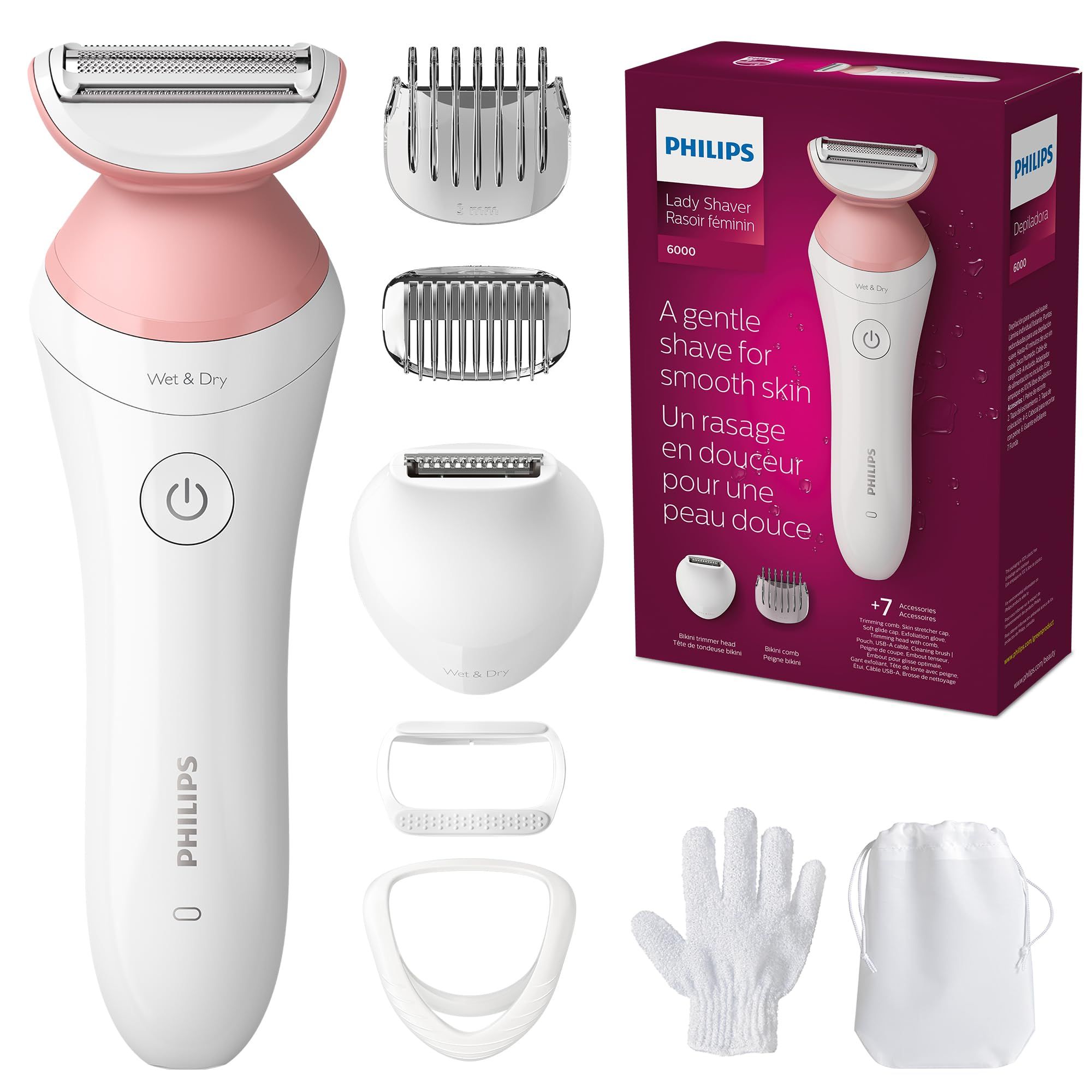 Aparat de ras fara fir umed si uscat PHILIPS Lady Shaver Seria 6000 BRL146/00, Wet&Dry, 10 ore incarcare, 40 min utilizare, Husa, Manusa exfoliere, Alb/Roz, L x A x I (mm) 60x120x185