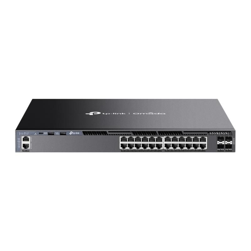 Omada 24-Port Gigabit Stackable L3 Managed Switch with 4 10GE SFP+ Slots PORT: 24× Gigabit RJ45 Ports, 4× 10G SFP+ Slots, RJ45/Type C USB Console Port, Management Port, 2× USB2.0 Ports SPEC: 1U 19-inch Rack-mountable Steel Case FEATURE: Integration with Omada SDN Controller, Stacking, RIP, OSPF
