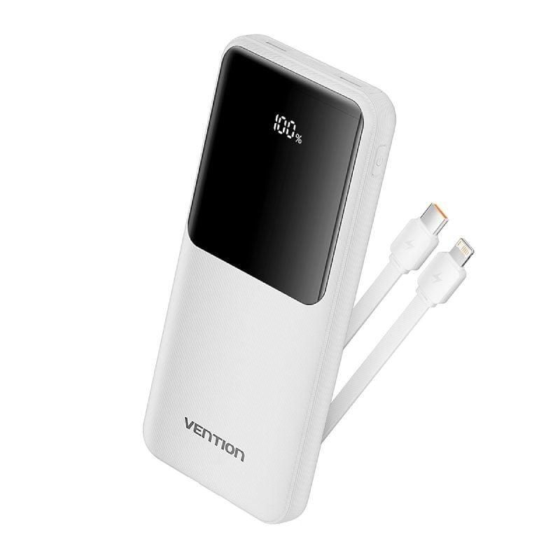 POWER BANK Vention 10.000 mAh, 22.5W PD 20W, QC, &ampnbsp1x USB-C, 2x USB-A, 1x micro USB (doar pt incarcare), cablu Ligtning si USB-C integrate, afisaj LED, cablu Lightning si USB-C integrate, 314g, alb,  FHOW0  (timbru verde 0.98 lei) - 6922794784