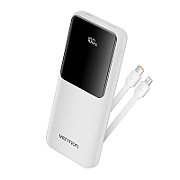 POWER BANK Vention 10.000 mAh, 22.5W PD 20W, QC, &ampnbsp1x USB-C, 2x USB-A, 1x micro USB (doar pt incarcare), cablu Ligtning si USB-C integrate, afisaj LED, cablu Lightning si USB-C integrate, 314g, alb,  FHOW0  (timbru verde 0.98 lei) - 6922794784