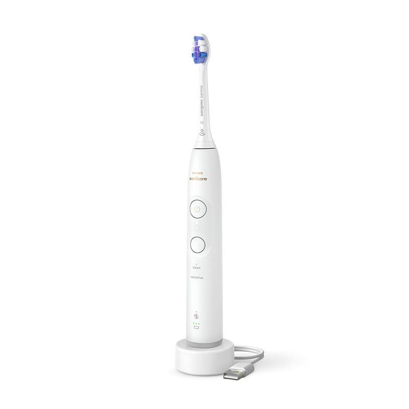 Periuta de dinti electrica Philips Sonicare HX7400/01, 62.000 miscari/minut, autonomie 21 zile, 2 moduri de periere, 3 intensitati, senzor presiune luminos, functia BrushSync, capat de periere Sensitive, alb