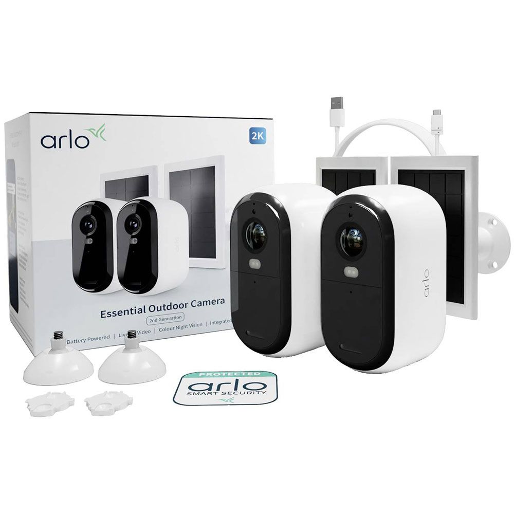 Arlo Essential (Gen.2) Bundle 2K Outdoor Security Camera - 2 Camera Kit + 2 Essential Solar Panel Charger - White