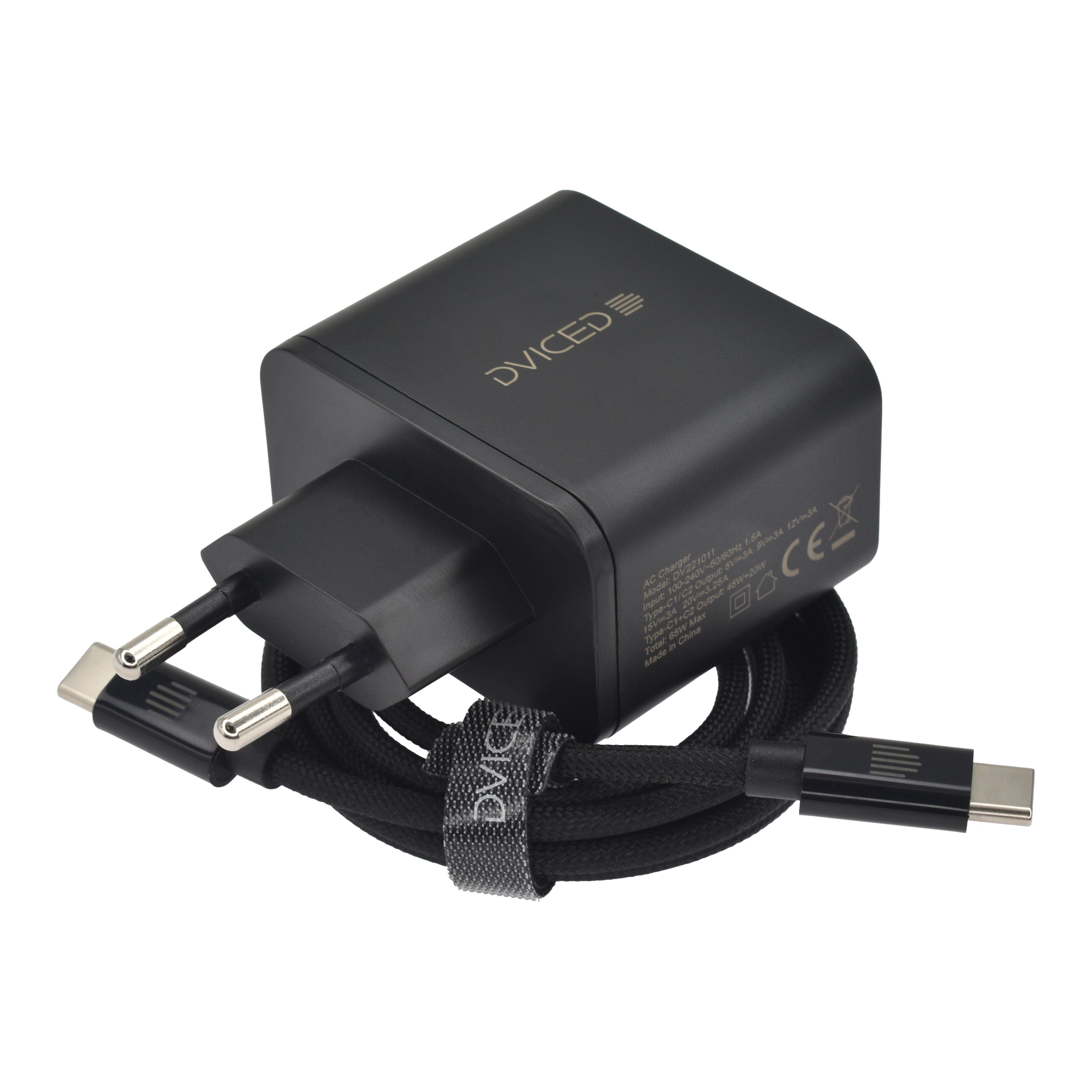 Dviced Wall charger 65W GaN 2 USB-C EU w cable - Black