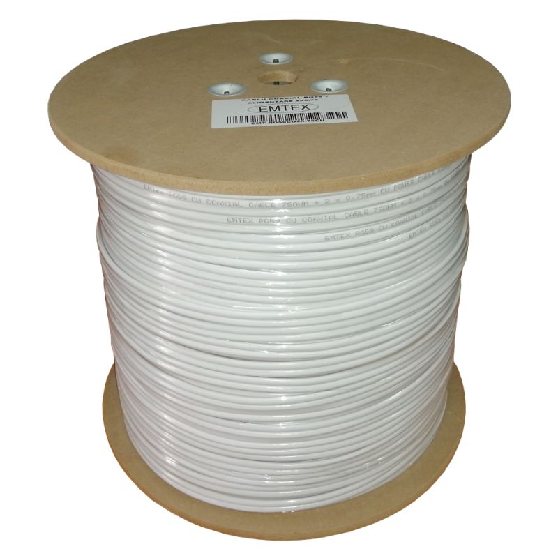 Cablu coaxial RG59 + alimentare 2x0,75 (central Cu + tresa Cu-Al +alimentare Cu) - EMTEX (305m/tambur)