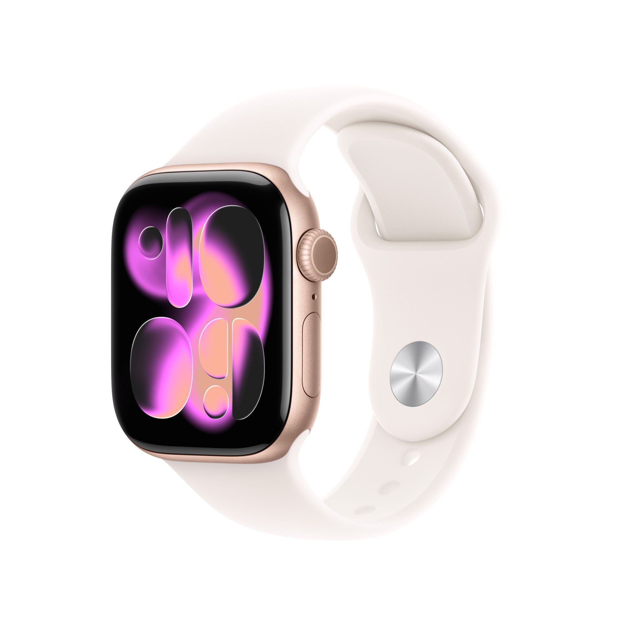 Apple Watch Series 11 GPS 42 mm, carcasă din aluminiu roz aurit cu brățară sport de culoare roz deschis - M/L