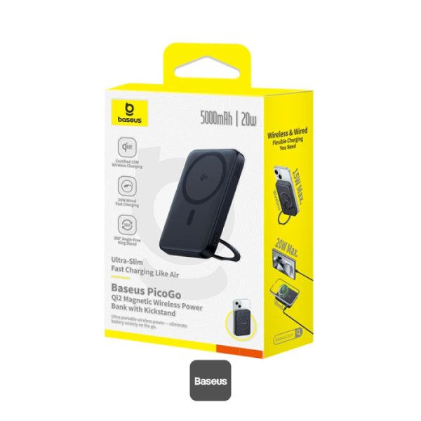POWER BANK Baseus PicoGo Qi2 Magnetic, 5000mAh, PD 20W, 1 x USB Type-C, incarcare wireless Qi2 15W, prindere magnetica Iphone, include cablu USB Type-C la USB Type-C 30cm, negru  P10076802123-00  (timbru verde 0.98 lei) - 6932172677619