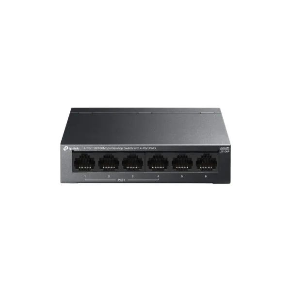 TP-LINK SWITCH LS106P, 6-Port 10/100Mbps Desktop Switch with 4-Port PoE+, 10BASE-T: UTP category 3, 4, 5 cable (maximum 100m), 100BASE-TX: UTP category 5 or above cable (maximum 100m), power input 220~240V, 50/60Hz (NV)