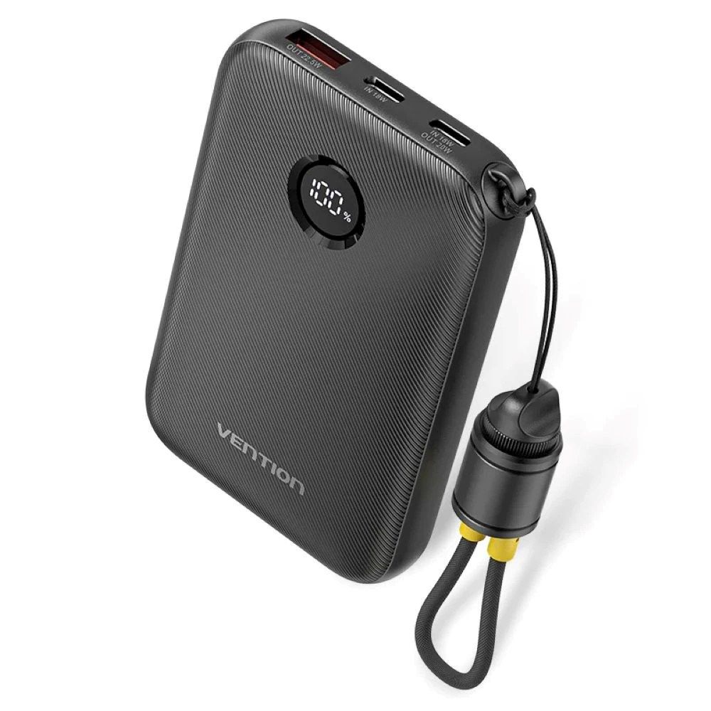 POWER BANK Vention 10000mAh Power Bank (USB-C + USB-C/USB-C/USB-A) with Built-in USB-C to USB-C Cable 22.5W Black LED Display Type ,  FKAB0-C  - 6922794791237