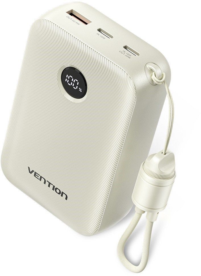 POWER BANK Vention 20000mAh Power Bank (USB-C + USB-C/USB-C/USB-A) with Built-in USB-C to USB-C Cable 22.5W Beige LED Display Type ,  FKBN0-C  - 6922794791350
