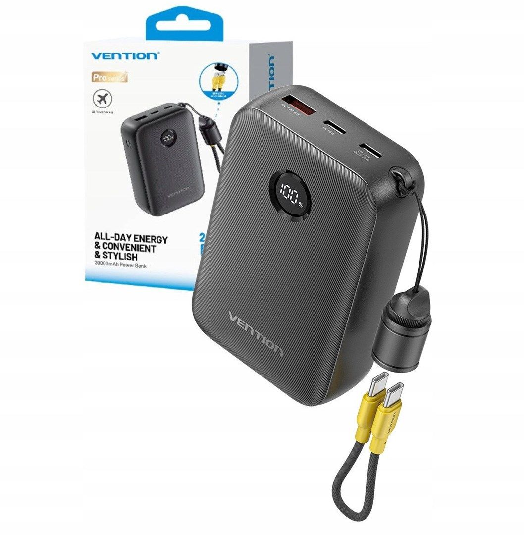 POWER BANK Vention 20000mAh Power Bank (USB-C + USB-C/USB-C/USB-A) with Built-in USB-C to USB-C Cable 22.5W Black LED Display Type ,  FKBB0-C  - 6922794791312
