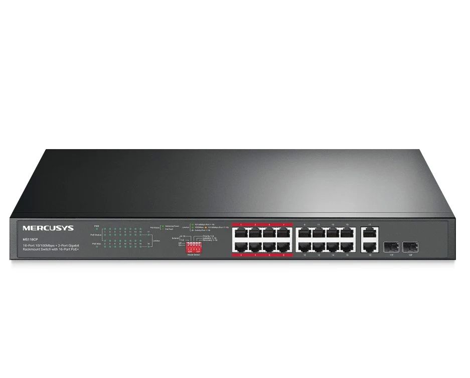 Switch Mercusys Gigabit Rackmount MS120GP, 16× Gigabit PoE+ RJ45 ports, 2× Gigabit non-PoE RJ45 ports, si 2× Gigabit SFP slots