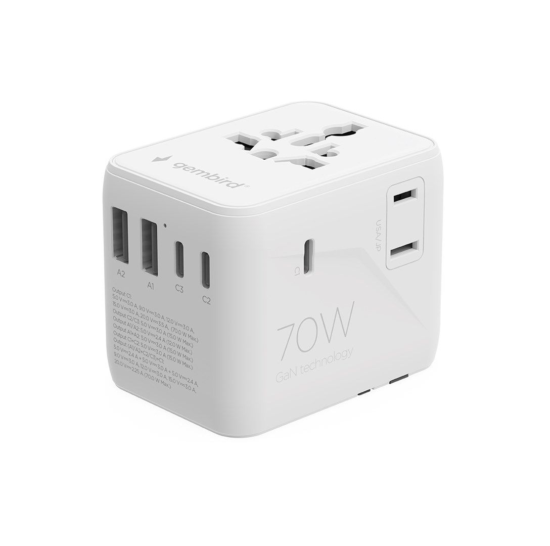 ALIMENTATOR retea 220V GEMBIRD, universal, conectori: US/UK/EU/AU, 2x USB Type-C PD 70W, 2x USB-A 15W, siguranta 10A, max. 2500W, alb,  TPA-2A3C70-01-W  (timbru verde 0.8 lei)