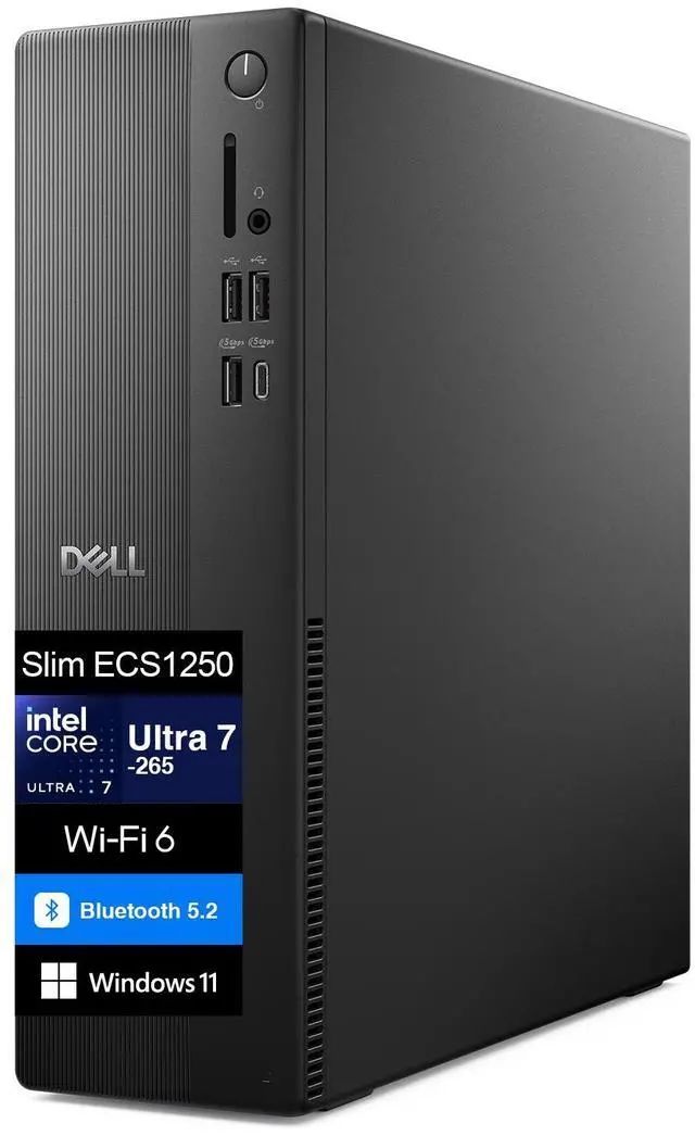 Desktop Dell Slim ECS1250, 180W Chassis, Energy Star Label, Intel(R) Core(TM) i7 14700 (33 MB cache, 20 Cores, 28 threads, up to 5.4 GHz), Intel(R) UHD Graphics 770 with shared graphics memory, 16GB, 1x16GB, DDR5, 5600MT/s, 512GB M.2 PCIe NVMe Solid State Drive, No Optical Drive, 3.0 SD Card Reader