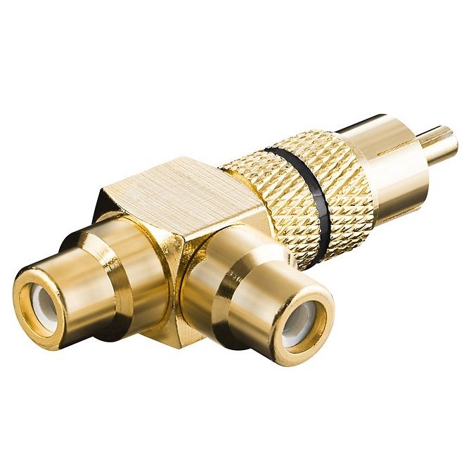 Audio adapter RCA male to 2 x RCA female, metal, gold plated, black ring
Packaging: bulk 1 pc.