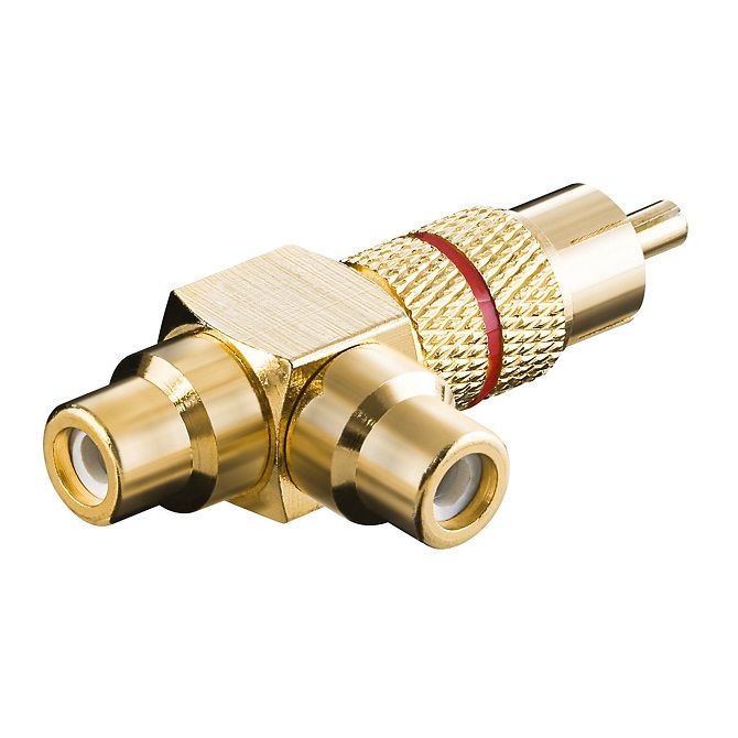 Audio adapter RCA male to 2 x RCA female, metal, gold plated, red ring
Packaging: bulk 1 pc.