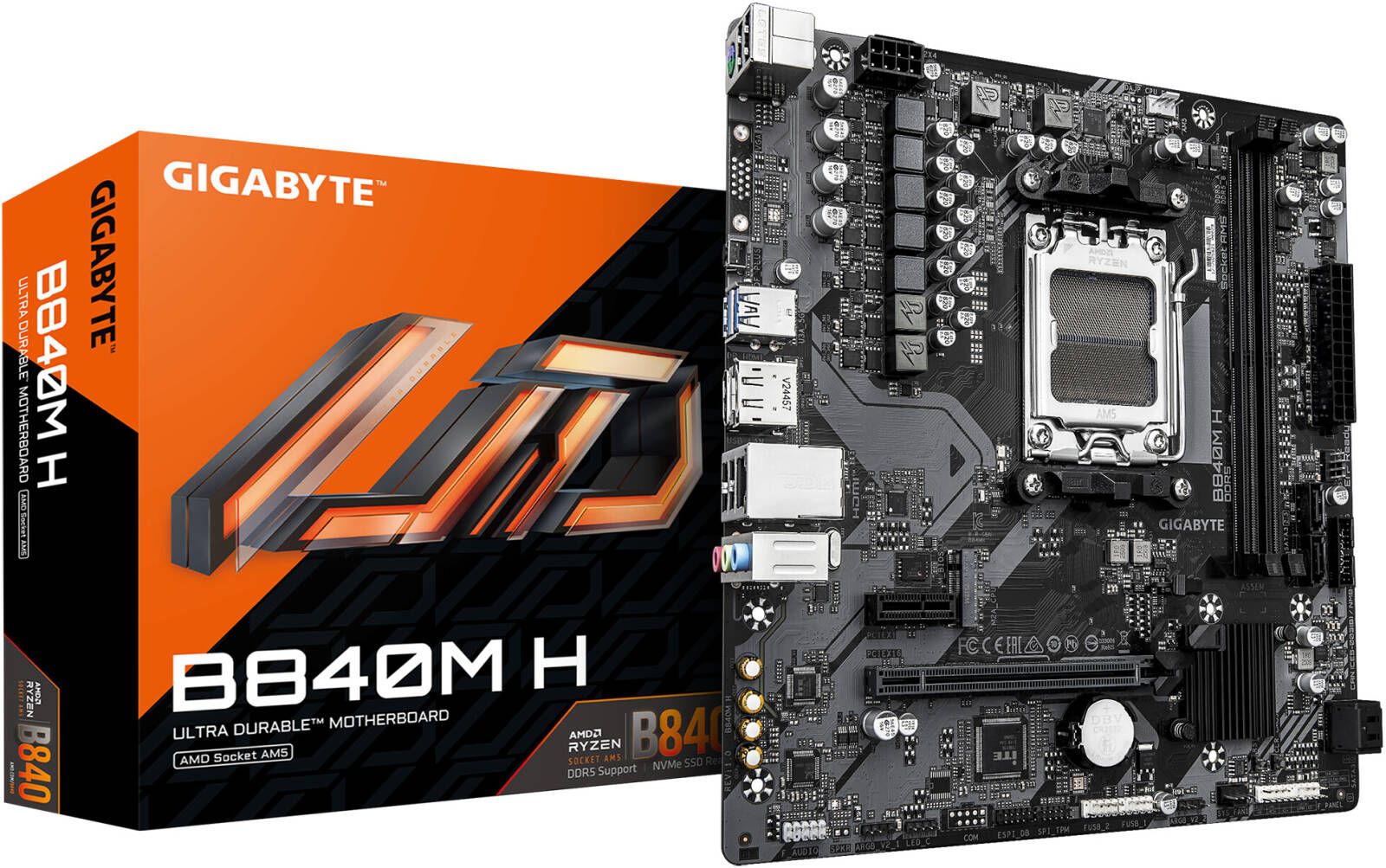 GIGABYTE B840M H. Processor manufacturer: AMD, Processor socket: Socket AM5, Compatible processor series: AMD Ryzen 7000 Series, AMD  Ryzen 8000 Series, AMD Ryzen 9000 Series. Supported memory types: DDR5-SDRAM, Maximum internal memory: 128 GB, Memory slots type: DIMM. Supported storage drive