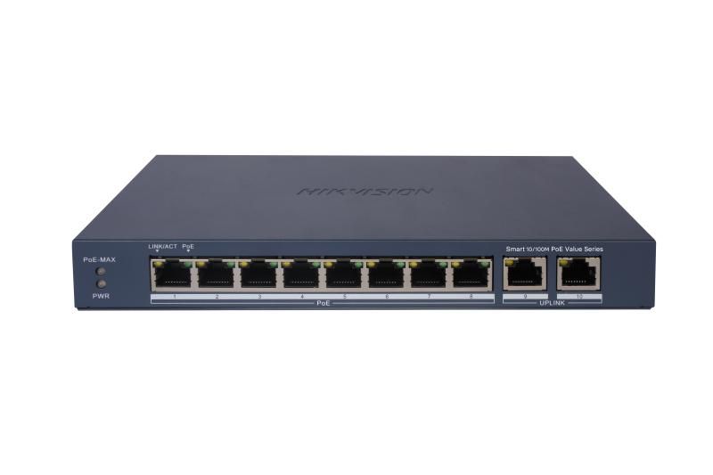 Switch PoE Hikvision DS-3E1310P-EI/M: 8 × 10/100 Mbps PoE ports,2 × Gigabit RJ45 port, 8 porturi PoE maxim 30W, buget PoE 60W, tensiune alimentare DC54 V,1.2 A, dimensiuni: 217.6 mm × 27.6 mm × 108.5 mm, greutate: 0.54kg, montare pe birou sau pe perete.