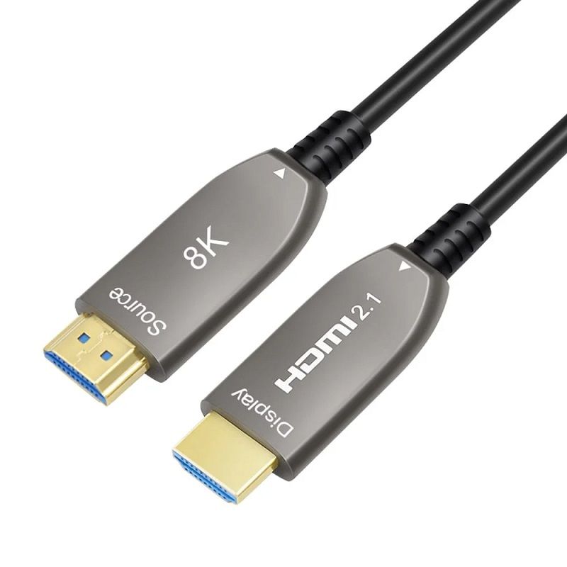 Optical HDMI cable AOC 8K@60Hz 5m, 2.1 high speed, 4K@120Hz, gold plated

The Hybrid HDMI optical cable connects devices over long distances of up to 100 m without data loss

The &ampquotoutput&ampquot of the HDMI connector should be connected to the device (such as HDTV), never to the video source (such as DVD)

The connector labeled &ampquotSource&ampquot connects the DVD or BlueRay.

The connector labeled &ampquotDisplay&ampquot connects the LCD, TV or projector.

- Max resolution 8K @ 60hz, YUV 4:4:4

- Bandwidth: 48 Gbps

- Optical fiber transmission signal, without electromagnetic interference

- Compatible HDCP 2.2, HDR (High Dynamic Range), 3D

- eARC is a function implemented in the latest HDMI 2.1 specification, its biggest advantage being the fact that it greatly improves bandwidth and speed

- Flexible fiberglass for a small bending radius (20 mm)

- Thin outer diameter of the cable of 4.8 mm

- Gold plated connectors

- Supports high-definition resolutions up to 8K 60Hz, also supports 4K 120Hz resolutions.

- CEC (Consumer Electronics Control) support

- 4:4:4 Chroma subsampling supported

- Multi-dimensional audio formats supported (Dolby Atmos and DTS: X, etc.)

- Compatible with HDMI Ethernet Channel (HEC)

- Plug and play: no external power source is required

- 4K support - Allows video resolutions well above 1080p, supporting next-generation displays that will rival the Digital Cinema systems used in many commercial cinemas

- HDMI Cable Length Optical AOC 8K@60Hz: 5m