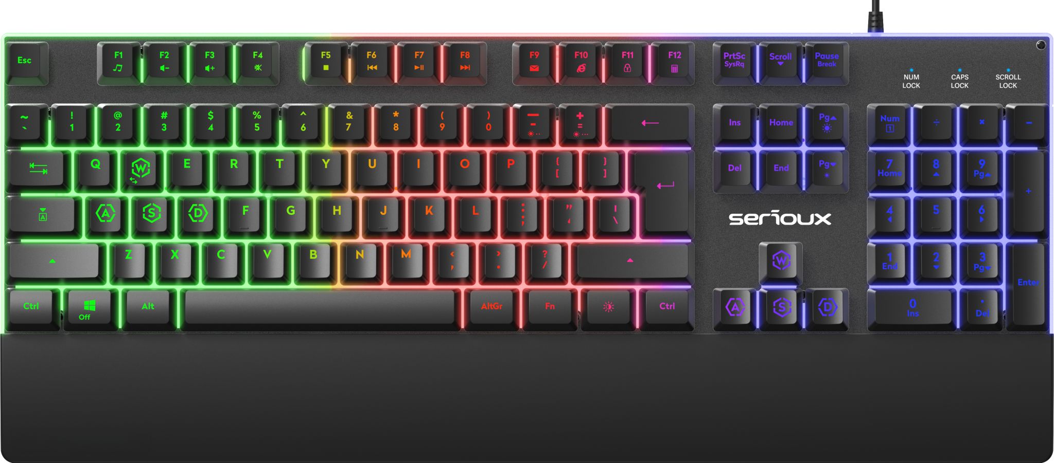 Tastatura gaming cu fir iluminata Serioux Nexor, interfata USB, numar de taste: 104, material ABS, anti-ghosting: 19 taste, lungime cablu 1.5m PVC, dimensiuni (LxAxH): 435.74 × 178.54 × 33.62 mm, negru
