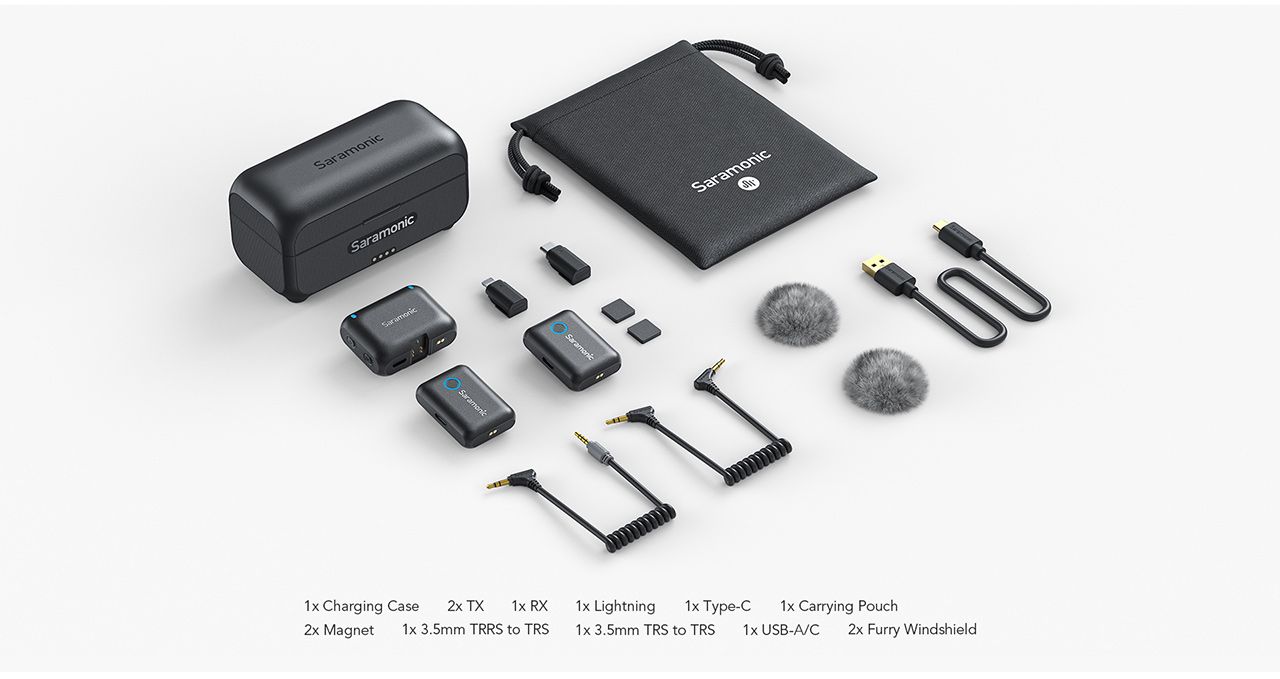 Kit microfon wireless Saramonic Blink500B2+ 2TX+RX2.4 GHz, display OLED, carcasa incarcare, 1250mAh