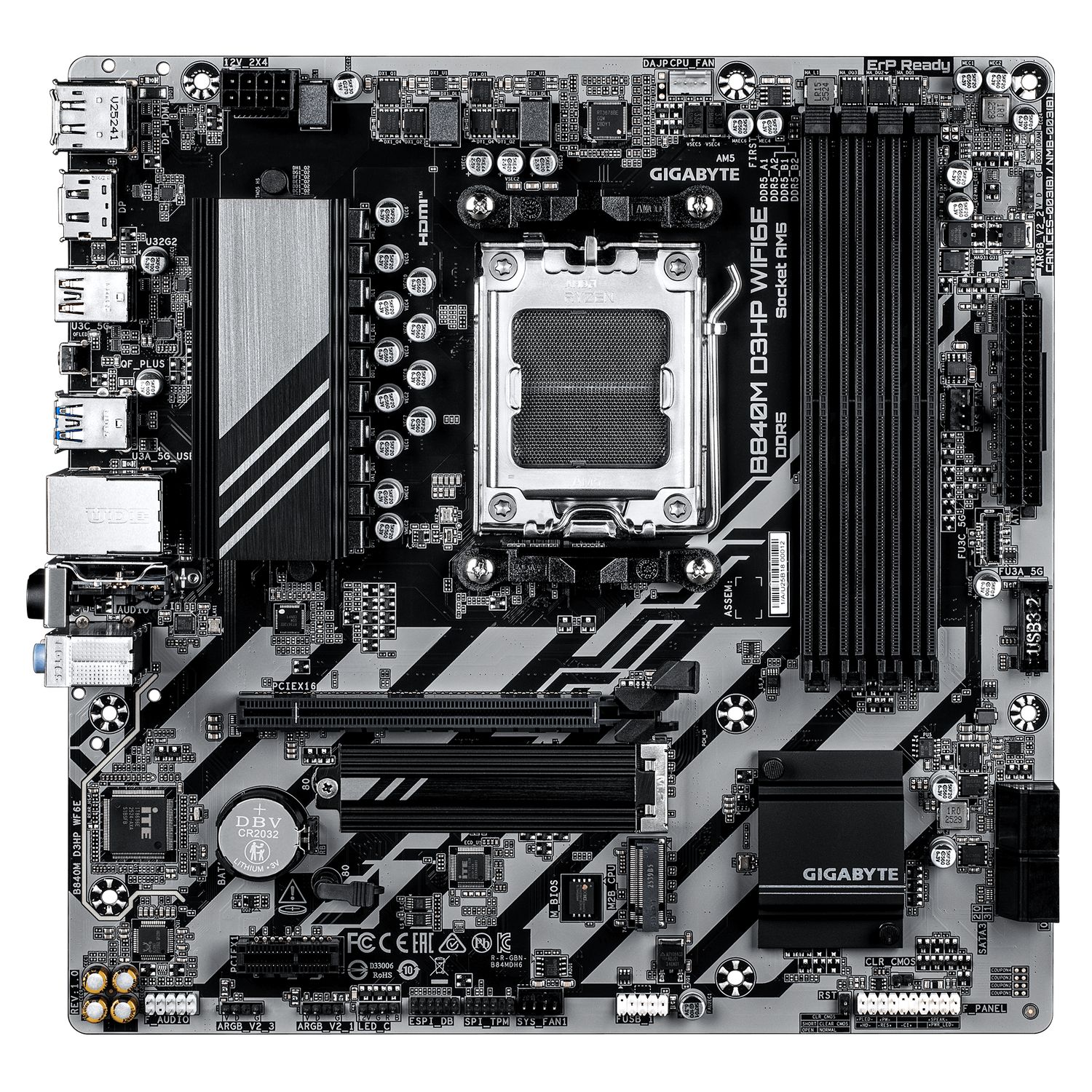 GIGABYTE B840M D3HP WIFI6E. Processor manufacturer: AMD, Processor socket: Socket AM5, Compatible processor series: AMD Ryzen 7000 Series, AMD Ryzen 8000 Series, AMD Ryzen 9000 Series. Supported memory types: DDR5-SDRAM, Maximum internal memory: 256 GB, Memory slots type: DIMM. Supported storage