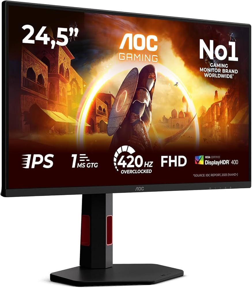 Monitor AOC 24.5  25G4KUR, Diagonal (inch): 24.5, Diagonal (cm): 62, Aspect ratio: 16:9, Panel: Fast IPS, Resolution: 1920x1080, Refresh Rate: 420Hz, Response time GtG: 1ms, Response time MPRT: 0.3ms, Brightness (max): 350 cd/m², Contrast (static) : 1000:1, Viewing angle: 178/178, Color Gamut Type