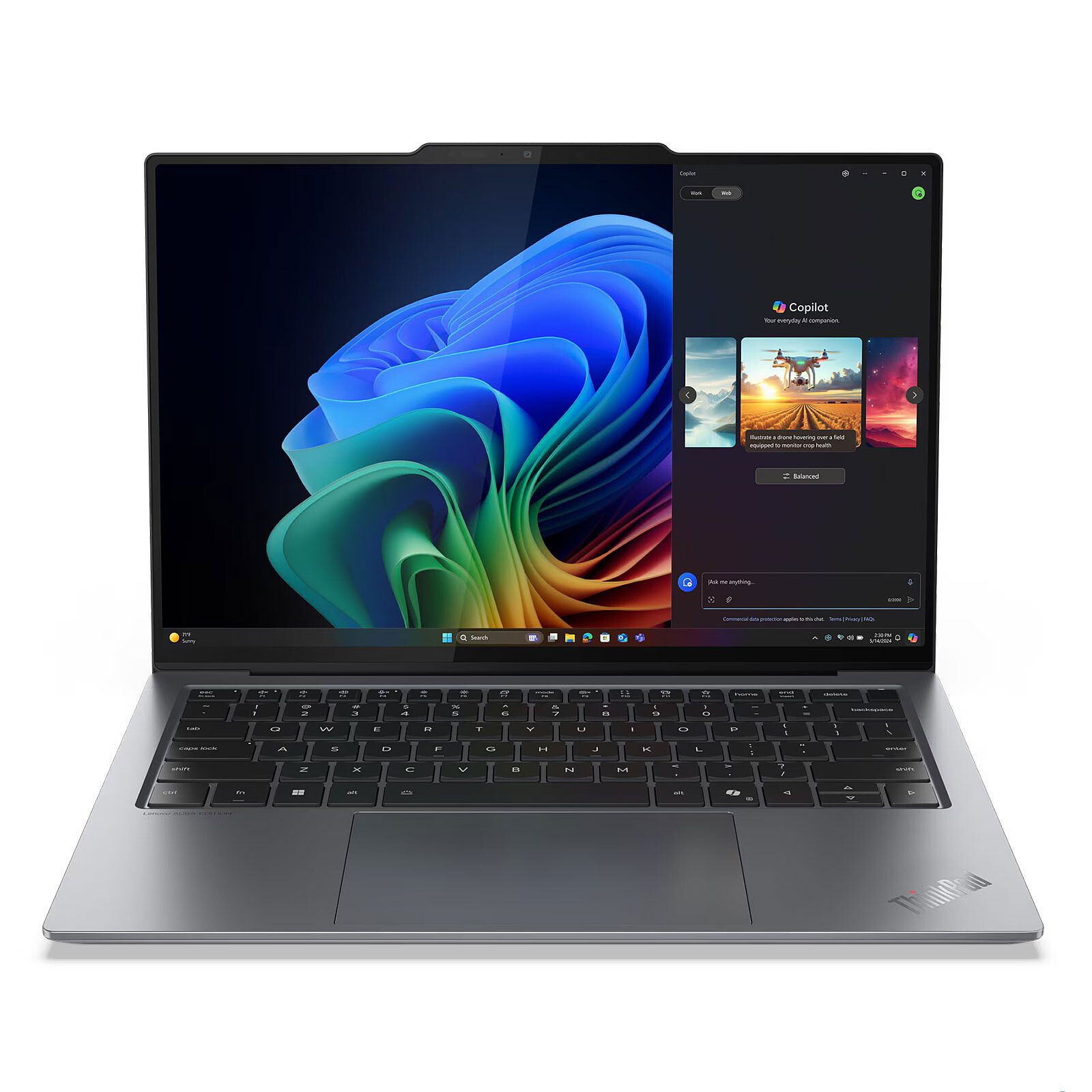 Laptop Lenovo ThinkPad X9-14 Gen 1 Aura Edition 21QA002GFR, 14 inch 1920 x 1200, Intel Core Ultra 5 226V (8 C / 8 T, 2.2 GHz - 4.5 GHz, 8 MB cache, 37 W), 16 GB LPDDR5X, 512 GB SSD, Intel Arc Graphics, Windows 11 Pro, Tastatura US International, Gri